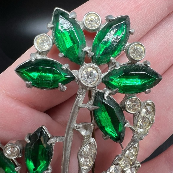 1930s Art Deco Czech Glass Pot Metal Flower Brooch Pin Foil Back Huge Nice Green - Picture 4 of 16